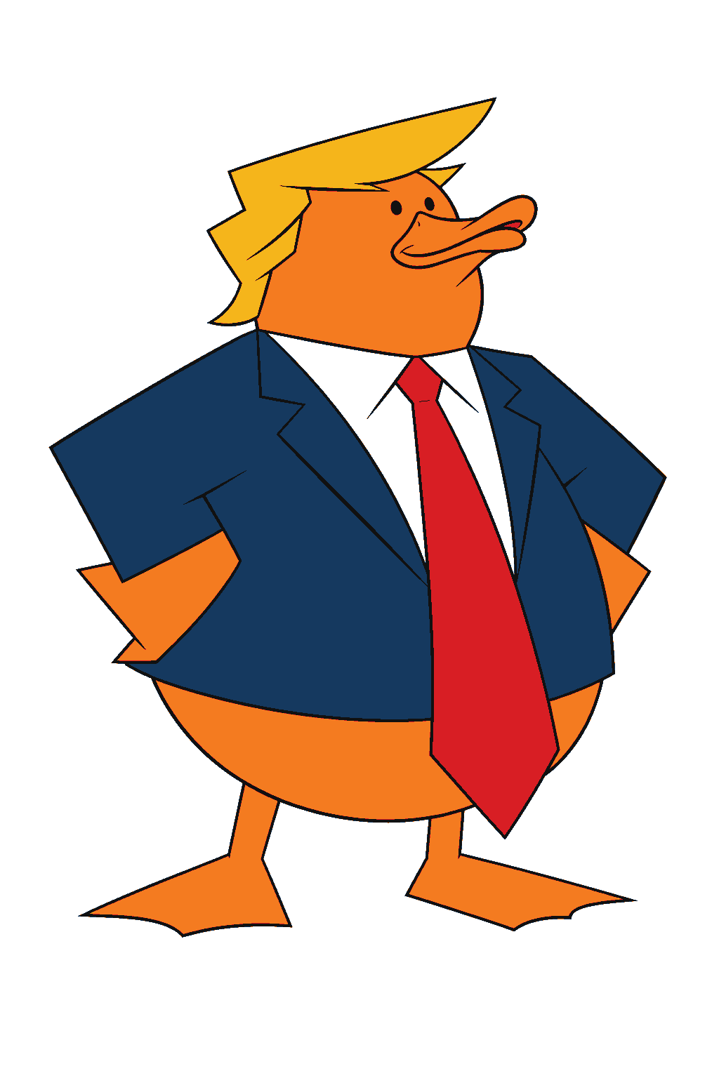 Donald, an orange duck in a navy suit and long red tie, standing in three-quarter view.