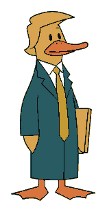 Marco Rubio as a tall narrow duck in a long teal coat, holding a blank diplomatic folio.