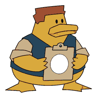 Markwayne Mullin as a low sturdy duck in a short work vest, bracing a blank gauge clipboard.