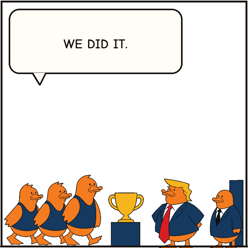 Three champion ducks approach a cup while Donald waits beside it with an official.