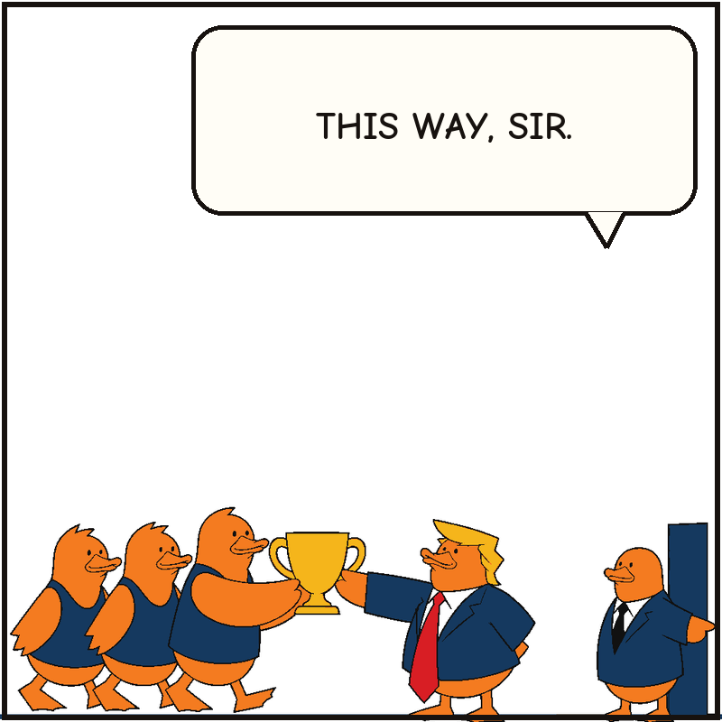 Donald hands the cup toward the champions as an official gestures toward the exit.