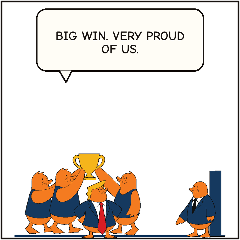 The champions lift their cup while Donald poses hands-on-hips at the center of their photograph.