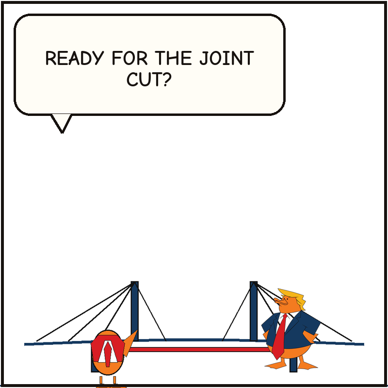 A Canadian-side ceremony duck and Donald face each other across a bridge-opening ribbon on a completed bridge.