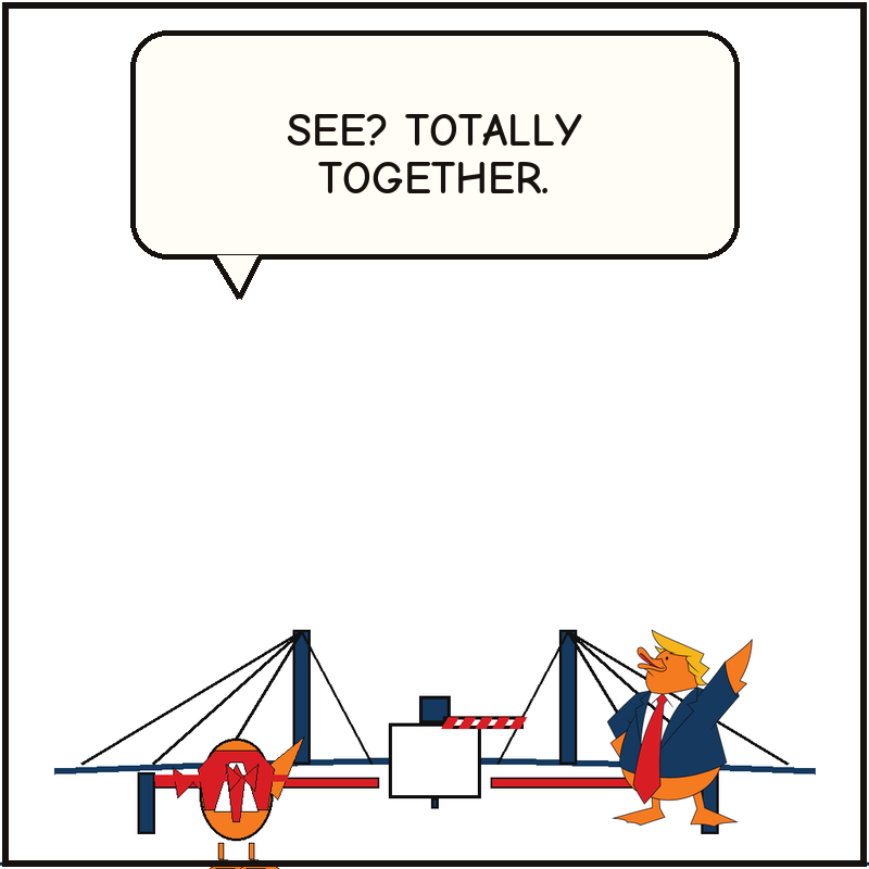 A solo ribbon is cut on the far side of the checkpoint while Donald poses on his own side of the bridge.