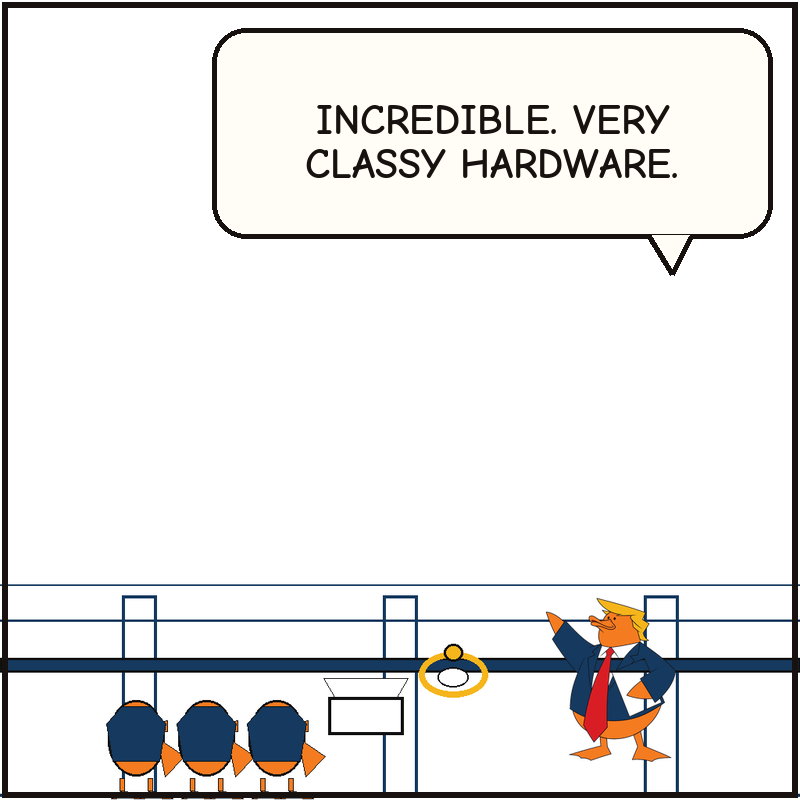 Donald admires the commemorative ring while the champion ducks wait beside the empty box.