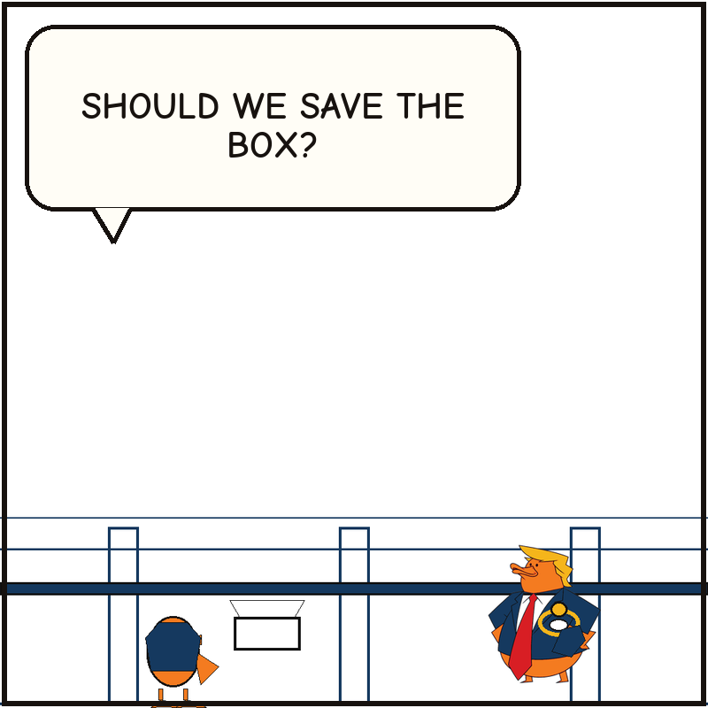 Donald slips the commemorative ring into his jacket pocket while a champion duck looks toward the empty box.