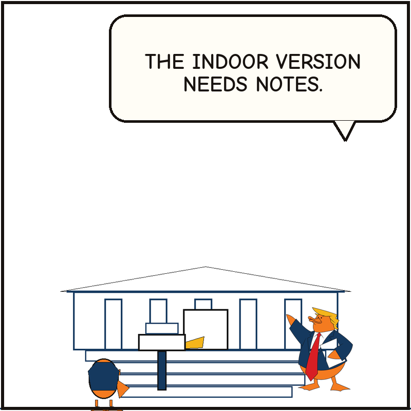 Donald points from a curbside correction lectern toward the museum entrance while a visitor duck hesitates between them.