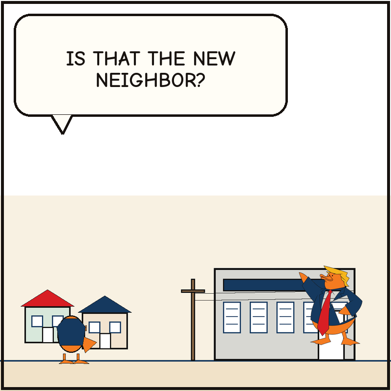 A neighbor duck stares at a giant generic data shed rising beside two tiny houses while Donald proudly unveils it.