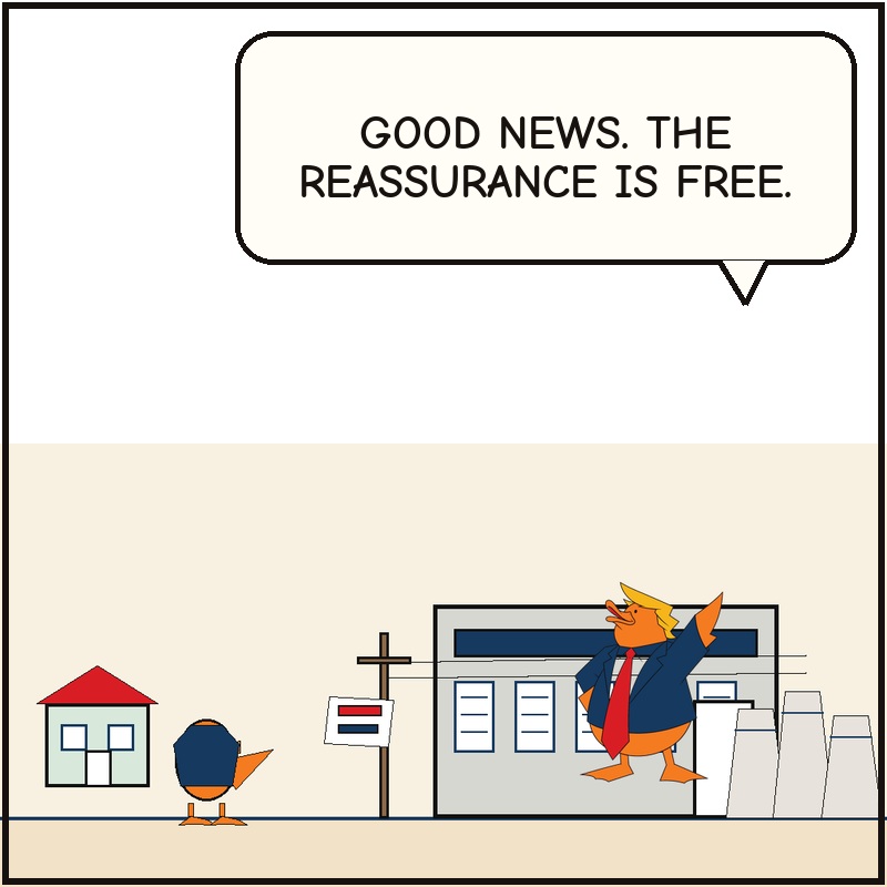 Donald smiles beside the looming data shed and power hardware while a neighbor duck receives a reassurance card.