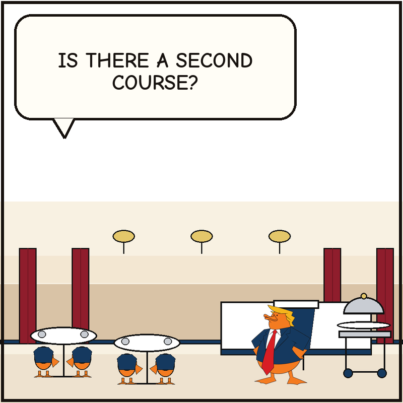 Donald works a banquet podium while a covered dessert tray rolls into the ballroom and a reporter duck looks over from a dinner table.
