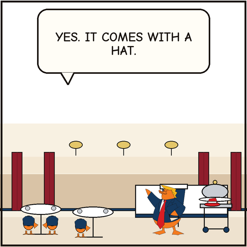 Donald lifts a silver dessert cover to reveal a blank red campaign-style hat while dinner guests watch from nearby tables.