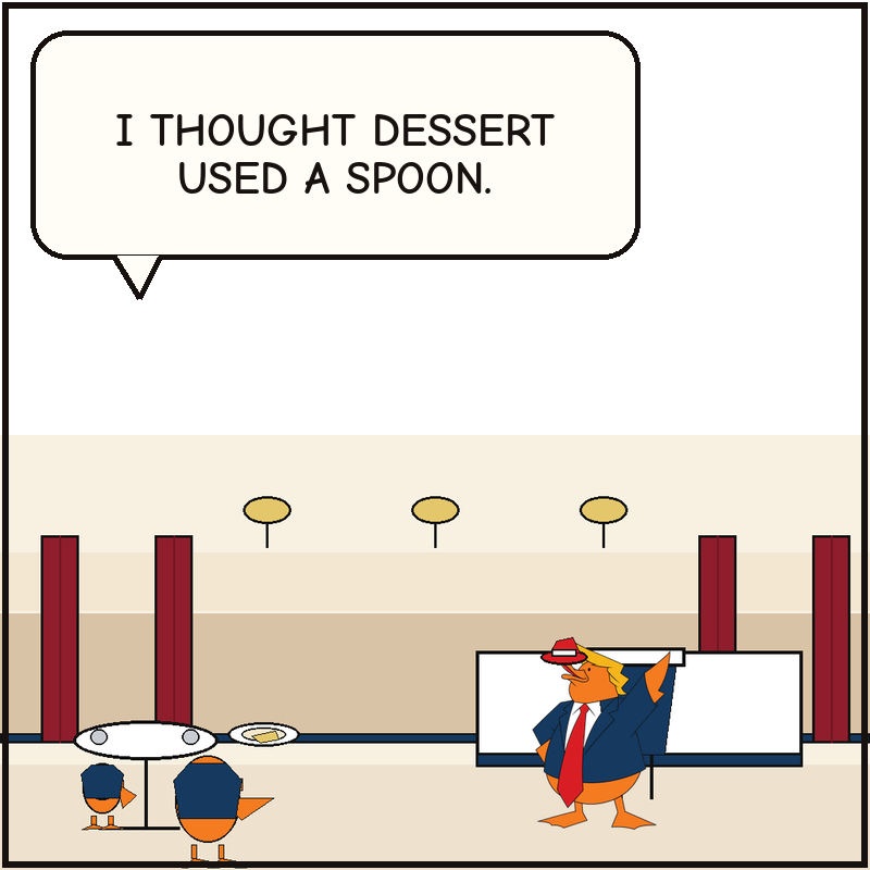 Donald wears the blank red hat beside the podium while a server duck holds an untouched dessert plate and stares at the encore.