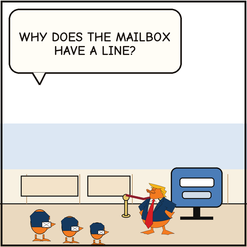 Donald stands beside a velvet rope in front of a giant public mailbox while voter ducks with envelopes form a new line.