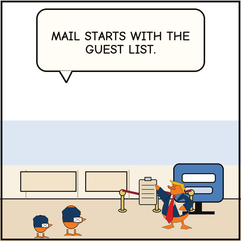 Donald works a giant clipboard beside the rope while an envelope-carrying duck waits for access to the mailbox slot.