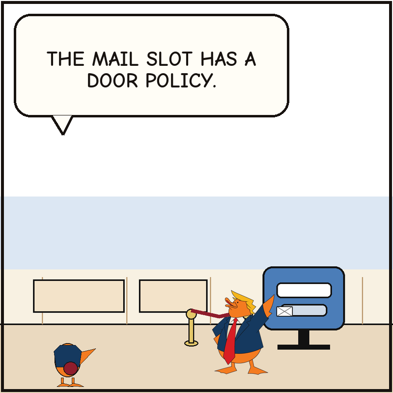 Donald basks beside the roped-off mailbox while a postal duck with a mail sack stares at the new checkpoint.