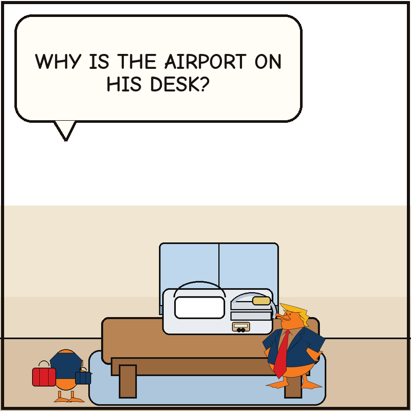 Donald unveils a miniature airport terminal on his office desk while a traveler duck with a suitcase stares at the desk-top runway.