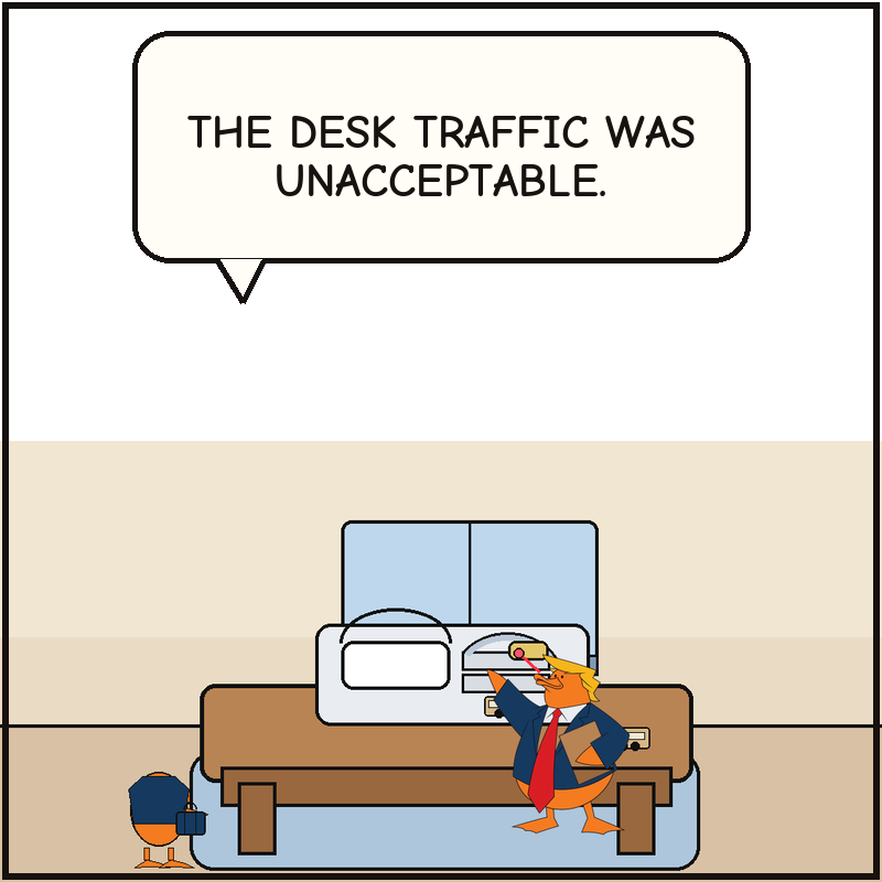 Donald uses a laser pointer over the desk-top airport model while a tiny shuttle and train loop sit beside the terminal.
