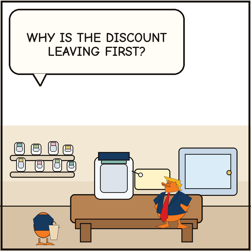 Donald unclips a giant discount tag from a jumbo pill bottle behind a pharmacy counter while a senior duck with a prescription bag watches.