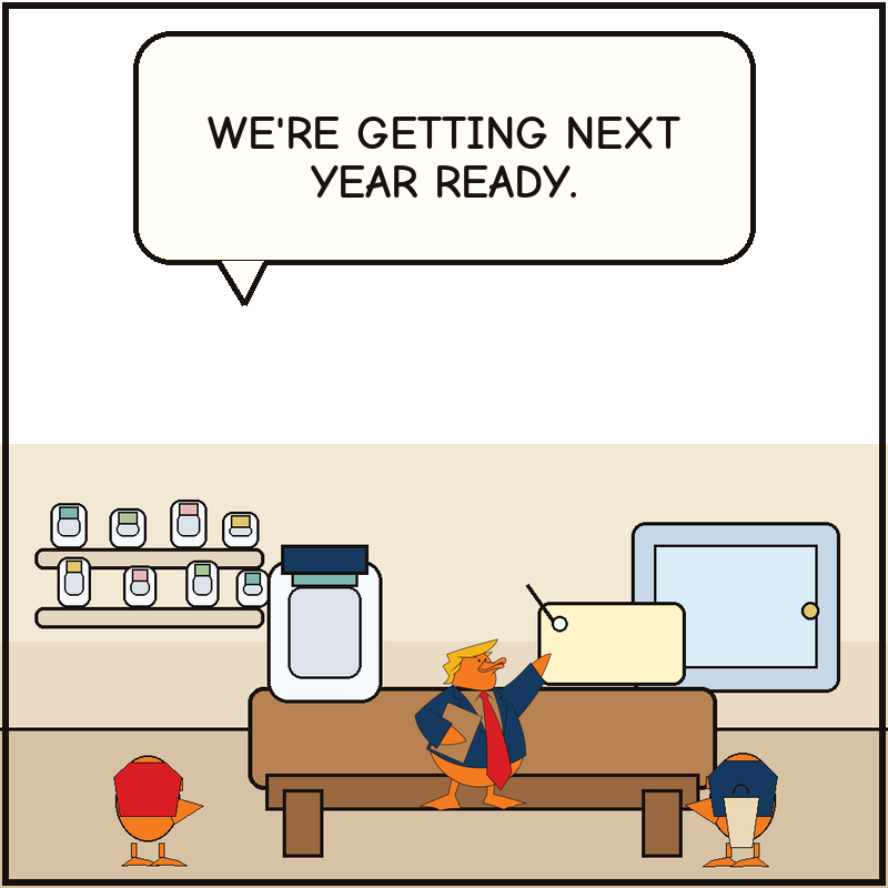 Donald carries an oversized discount tag away from the pharmacy counter while a pharmacist duck and a senior duck watch the checkout lane.