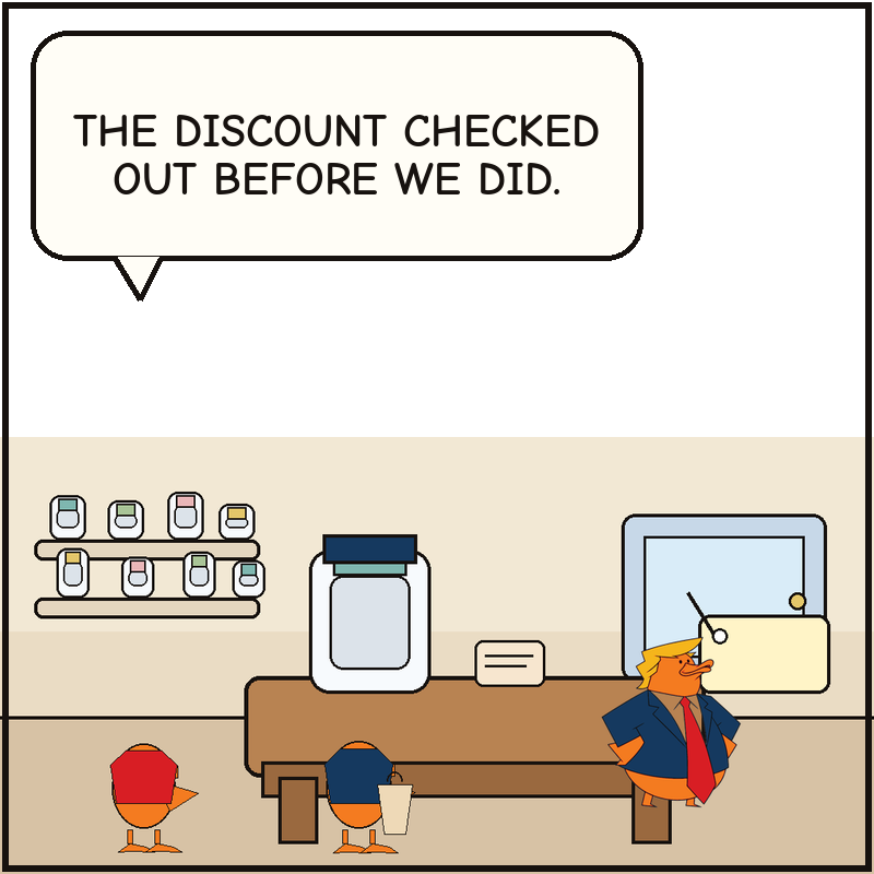 Donald basks by the pharmacy exit with the giant discount tag while a pharmacist duck and senior duck are left at the counter with the prescription bag and bill folder.