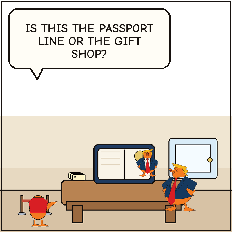 Donald presents a giant commemorative passport at a passport-agency counter while a traveler duck wonders whether the line became a gift shop.