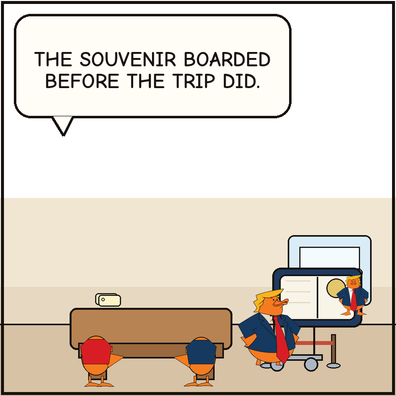 Donald basks beside an oversized commemorative passport and departure rope while the clerk duck realizes the souvenir reached the front of the line before the trip.