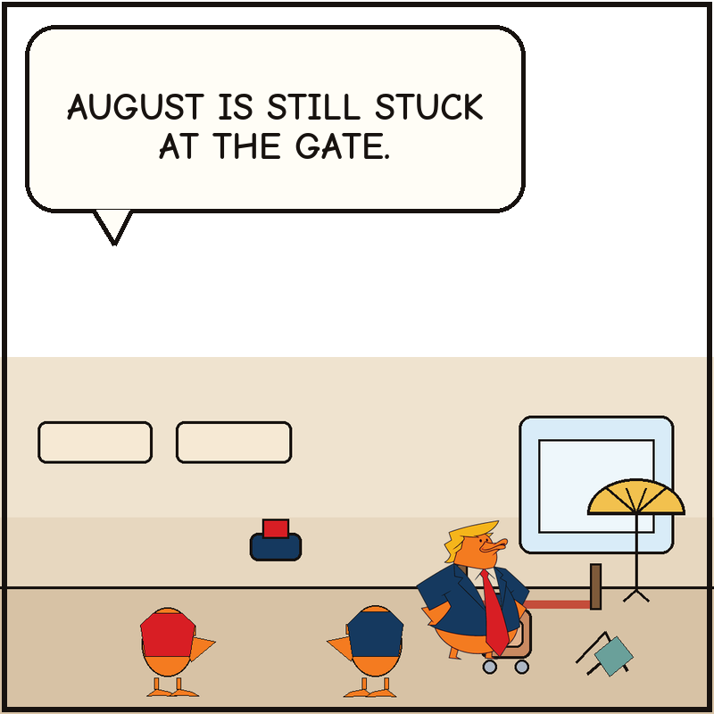 Donald basks beside the still-closed gate while a clerk duck realizes August is stuck in the terminal until Donald grants clearance.