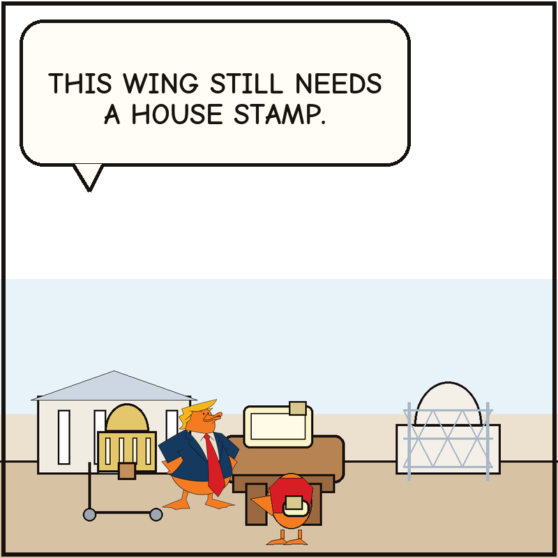 Donald wheels a grand ballroom model to a permit desk beside a generic executive-mansion construction site while a clerk duck checks the approval folder.