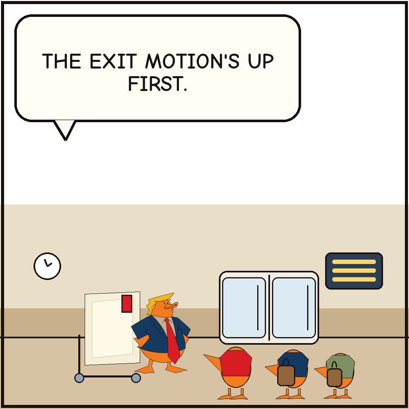 Donald drags an oversized voting-bill bundle toward the Senate exit doors while senator ducks with roller bags line up to leave and a clerk duck points to adjournment.