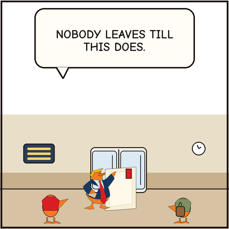 Donald wedges himself and the bill across the Senate doorway while the clerk duck keeps directing the chamber toward recess first.