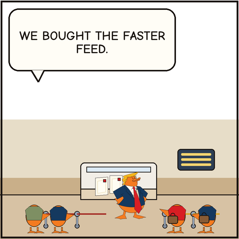 Donald stands behind a post-dispatch counter while trader ducks queue inside a velvet-rope priority lane and the public line waits off to the side.