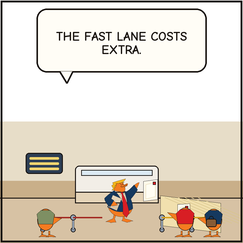 Donald opens the premium chute and sends his first post cards down the express lane while the public queue stays behind the rope.