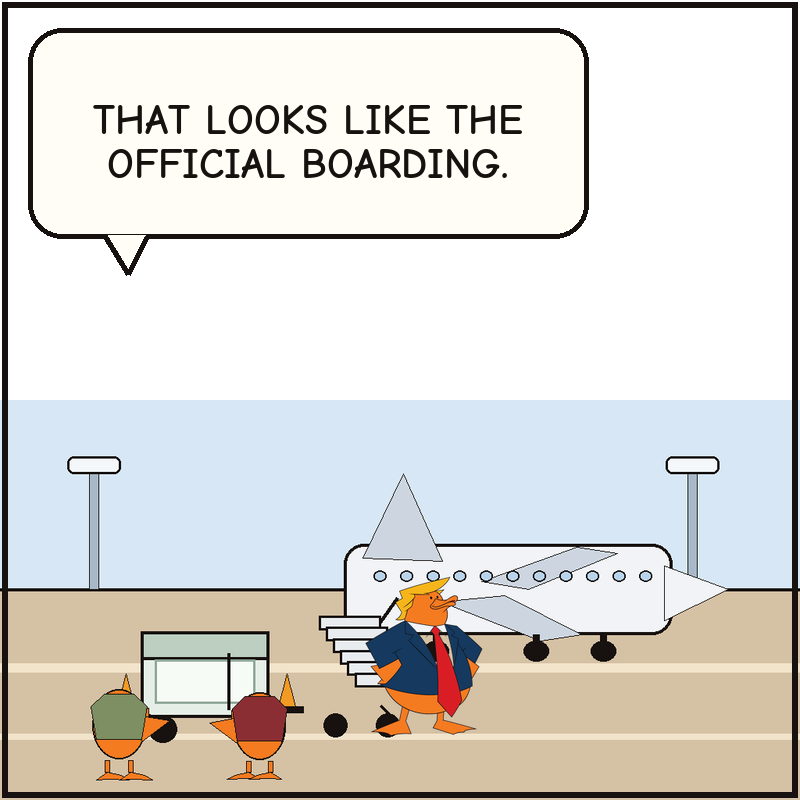 Donald makes the public-looking boarding move toward the big jet while a catering cart waits nearby on the tarmac.