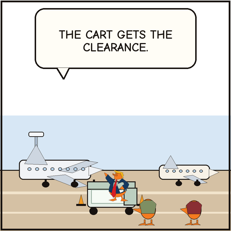 Donald crouches inside the catering cart as it rolls him toward the smaller waiting aircraft while the large jet stays posed behind it.