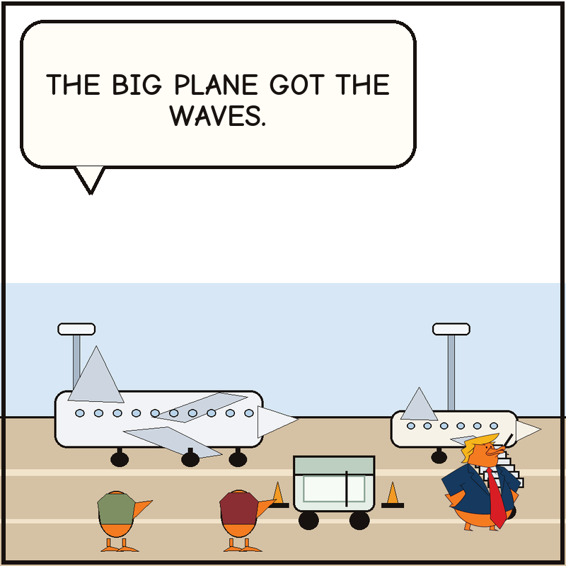 The big jet gets the visible waves while Donald emerges at the smaller plane and the catering cart finishes the real handoff.