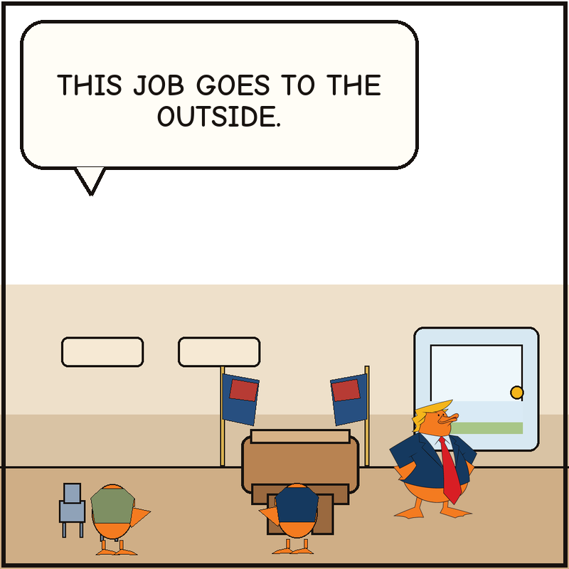 Donald stands in the briefing room beside the podium while a staff duck and a generic press duck realize the setup is about to move outside.