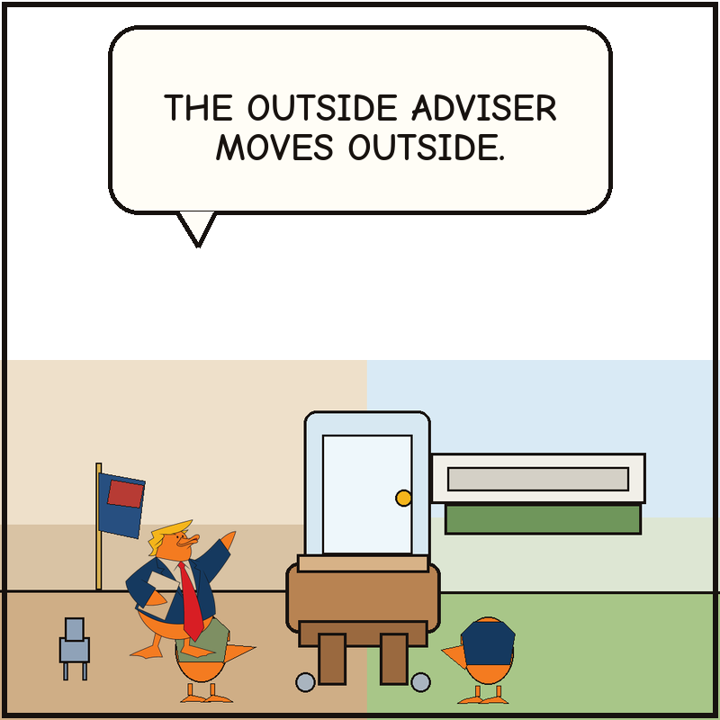 Donald guides the podium through the doorway toward the lawn while the generic press duck moves with the outdoor transfer.