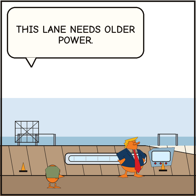 Donald stands on an unfinished carrier deck beside a modern launch console and decides the sleek lane needs older power.
