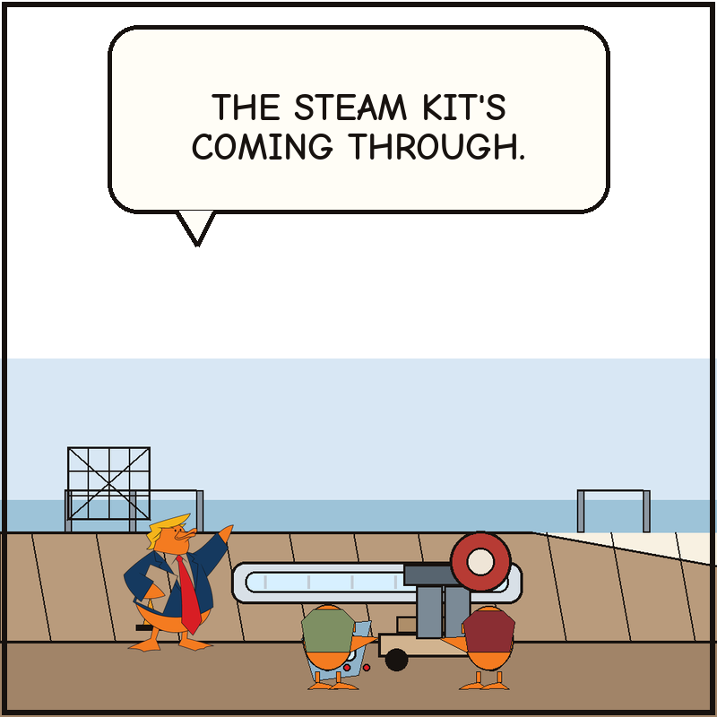 Yard ducks wheel a giant steam valve and pipe assembly toward the launch lane while Donald points the retrofit into place.
