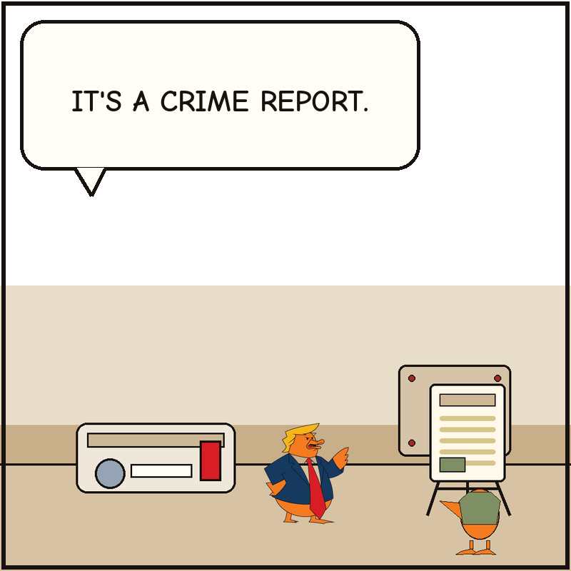 Donald notices a crime report on an easel in a generic think-tank office while a giant complaint-receipt printer waits beside it.