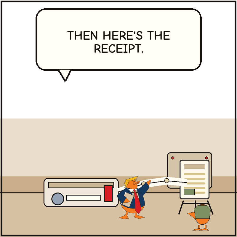 Donald yanks a giant complaint lever and sends a long receipt roll spilling out toward the report stand.