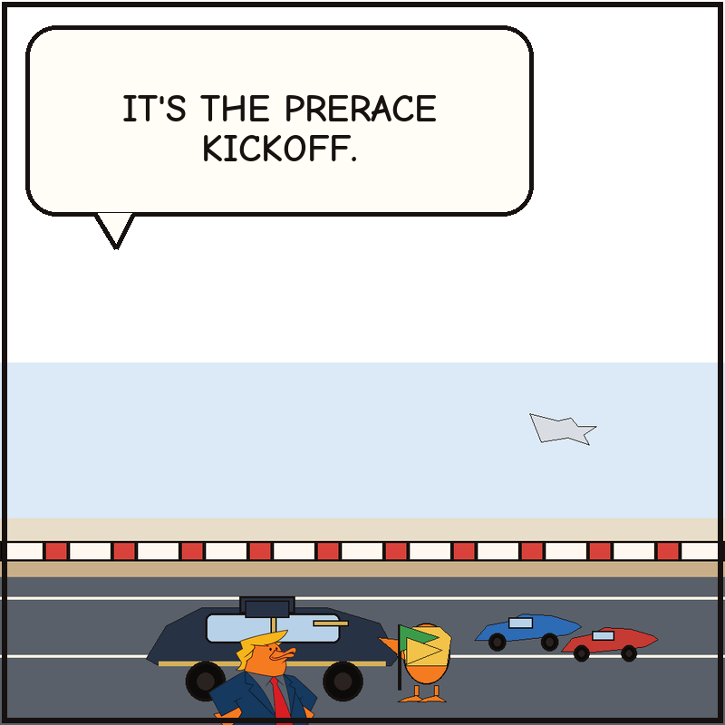 Donald rolls a dark limo onto the front of a generic street-race starting grid while a starter duck and the waiting race cars look on.