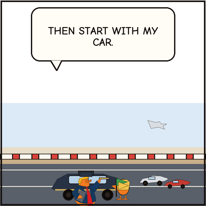 Donald waves from the limo sunroof as the car creeps down the grid and the race field bunches up behind it.