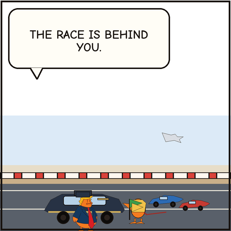 Donald keeps the limo at the front of the lineup while the starter duck points back toward the actual race cars.