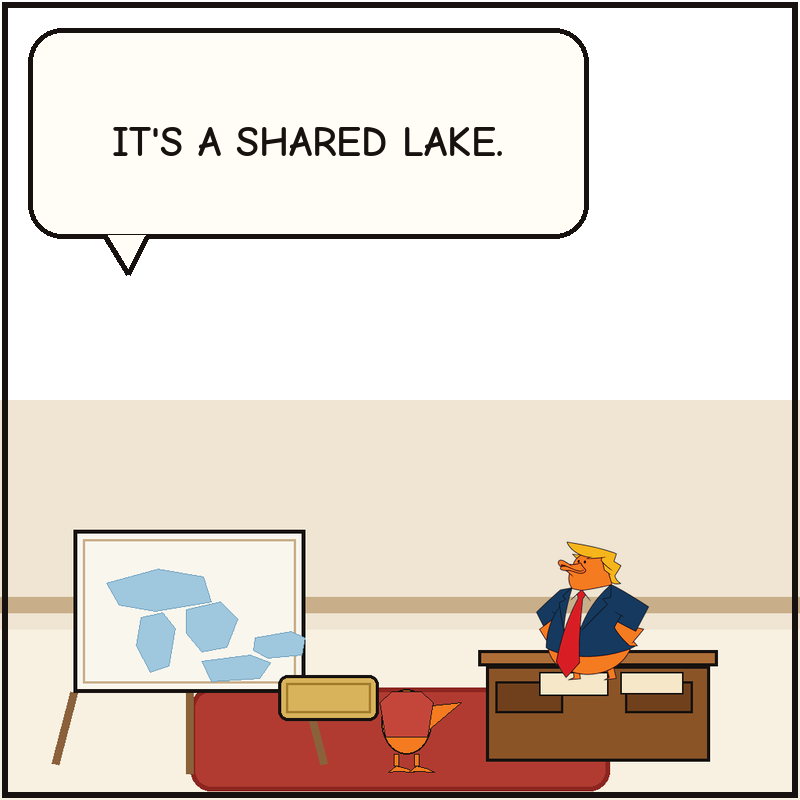 Donald presents a giant Great Lakes map while an aide duck stands beside a blank polished plaque and reminds him the lake is shared.