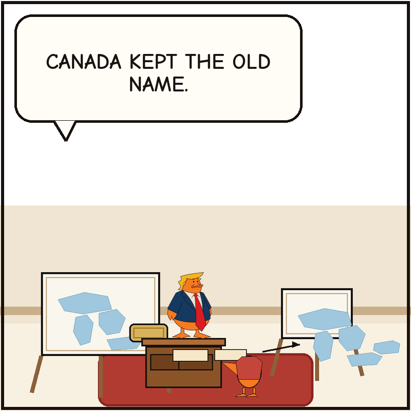 Donald poses beside the plated map while an aide duck points to a second lake board and notes that Canada kept the old name.