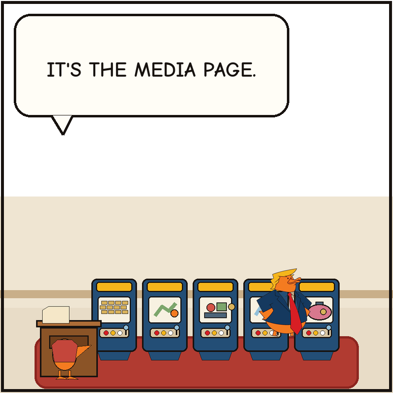 Donald unveils five generic arcade cabinets in a briefing-room setting while an aide duck points toward a podium and reminds him it is still the media page.