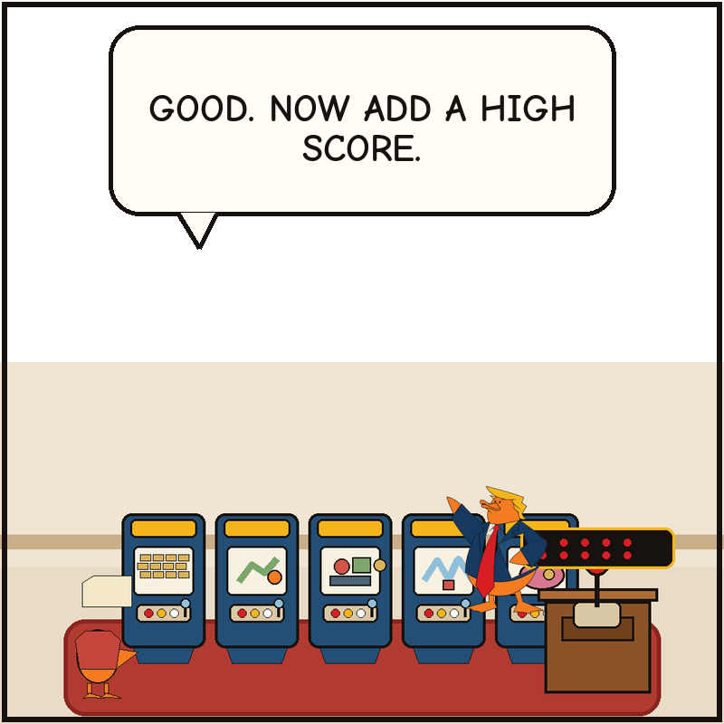 Donald bolts a giant joystick and blank high-score board onto the arcade setup while the aide duck watches with a folder.