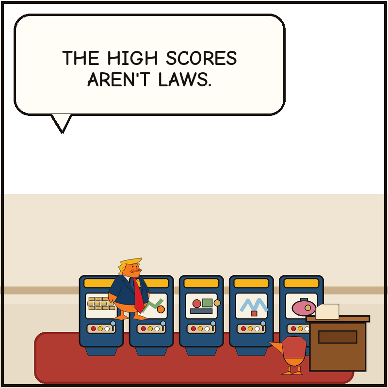 Donald poses proudly beside the cabinet row while an aide duck points toward the podium and reminds him that high scores are not laws.