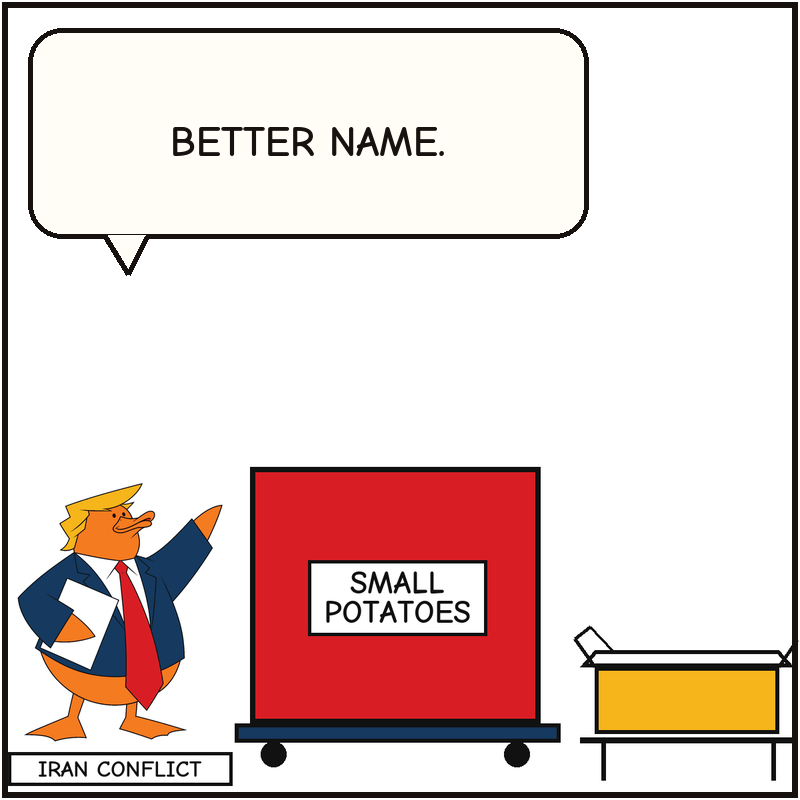The block stays the same size while a smaller Small Potatoes label replaces the Iran Conflict placard.